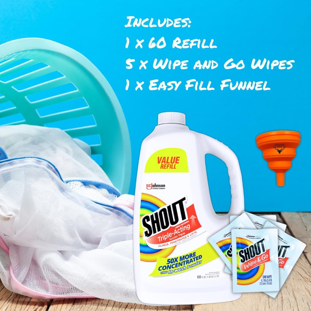 Shout Stain Remover Refill and Wipes, Triple-Acting Spot Treatment 60 Fluid Ounce Shout Refill, 5 Stain Removal Wipe and Go, Bundle with Dauntless Merch Easy Fill Funnel (color may vary)