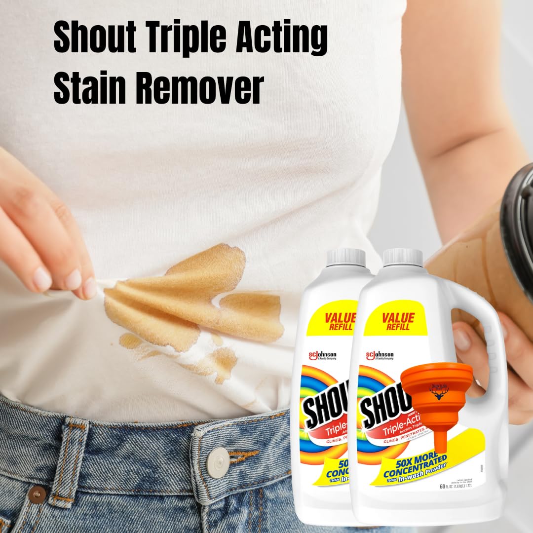 Shout Stain Remover Refill, Triple-Acting Spot Treatment 60 Fluid Ounce, (Pack of 2), Bundled with a Easy Fill Funnel (color may vary)