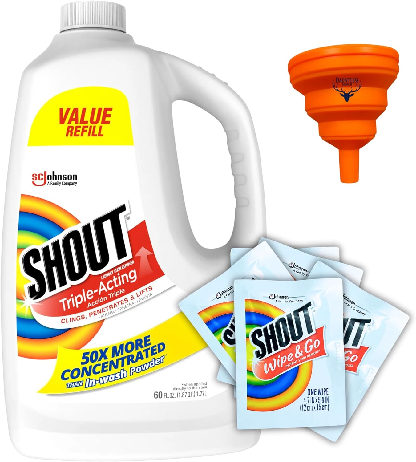 Shout Stain Remover Refill and Wipes, Triple-Acting Spot Treatment 60 Fluid Ounce Shout Refill, 5 Stain Removal Wipe and Go, Bundle with Dauntless Merch Easy Fill Funnel (color may vary)