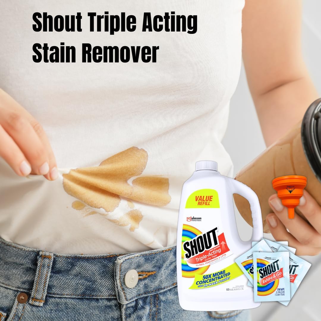 Shout Stain Remover Refill and Wipes, Triple-Acting Spot Treatment 60 Fluid Ounce Shout Refill, 5 Stain Removal Wipe and Go, Bundle with Dauntless Merch Easy Fill Funnel (color may vary)