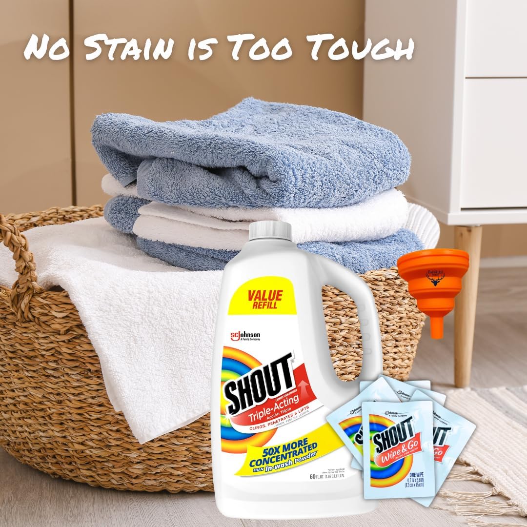 Shout Stain Remover Refill and Wipes, Triple-Acting Spot Treatment 60 Fluid Ounce Shout Refill, 5 Stain Removal Wipe and Go, Bundle with Dauntless Merch Easy Fill Funnel (color may vary)